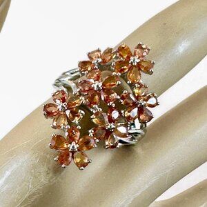 Citrine Ring, Flowers, Sterling Silver, Clyde Duneier, Cluster, Orange, Vintage
